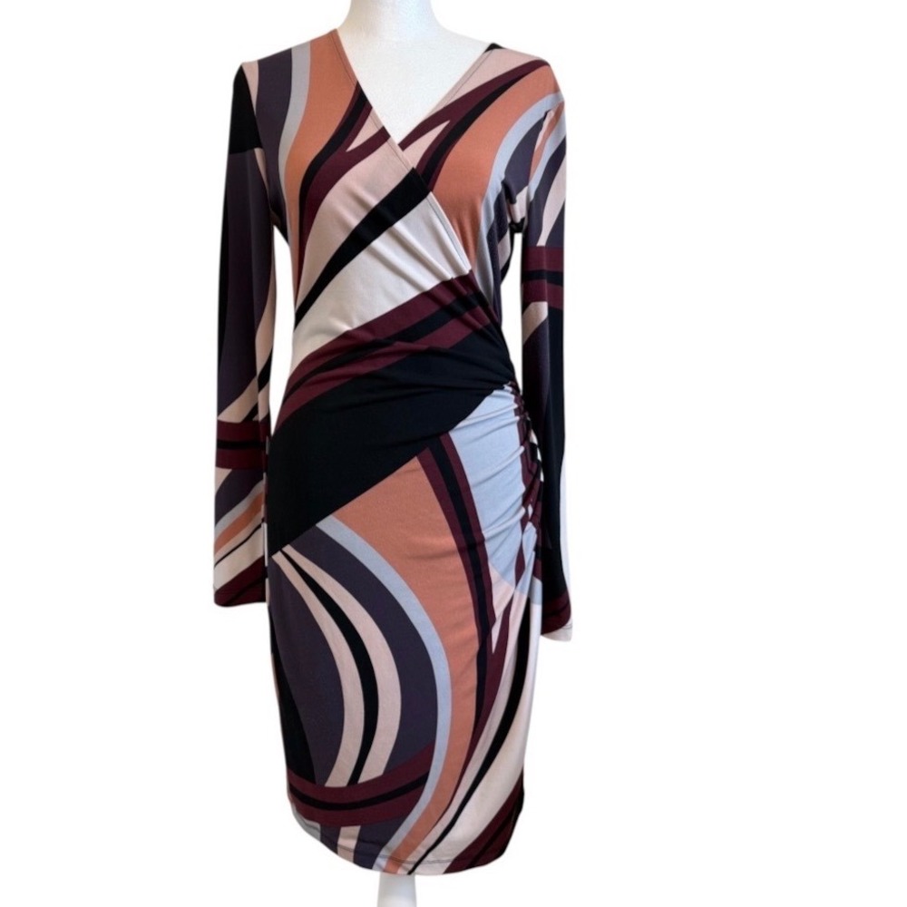 Cache Women Multicolor Geometric Abstract Faux Wrap Ruched Sheath Dress Small